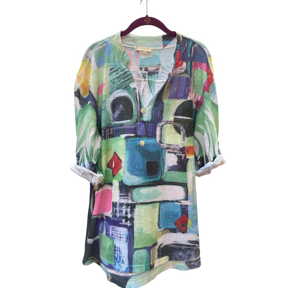 Impulse California Multi Color Top Geometric Shirt Tunic Cuffed Sleeve Light